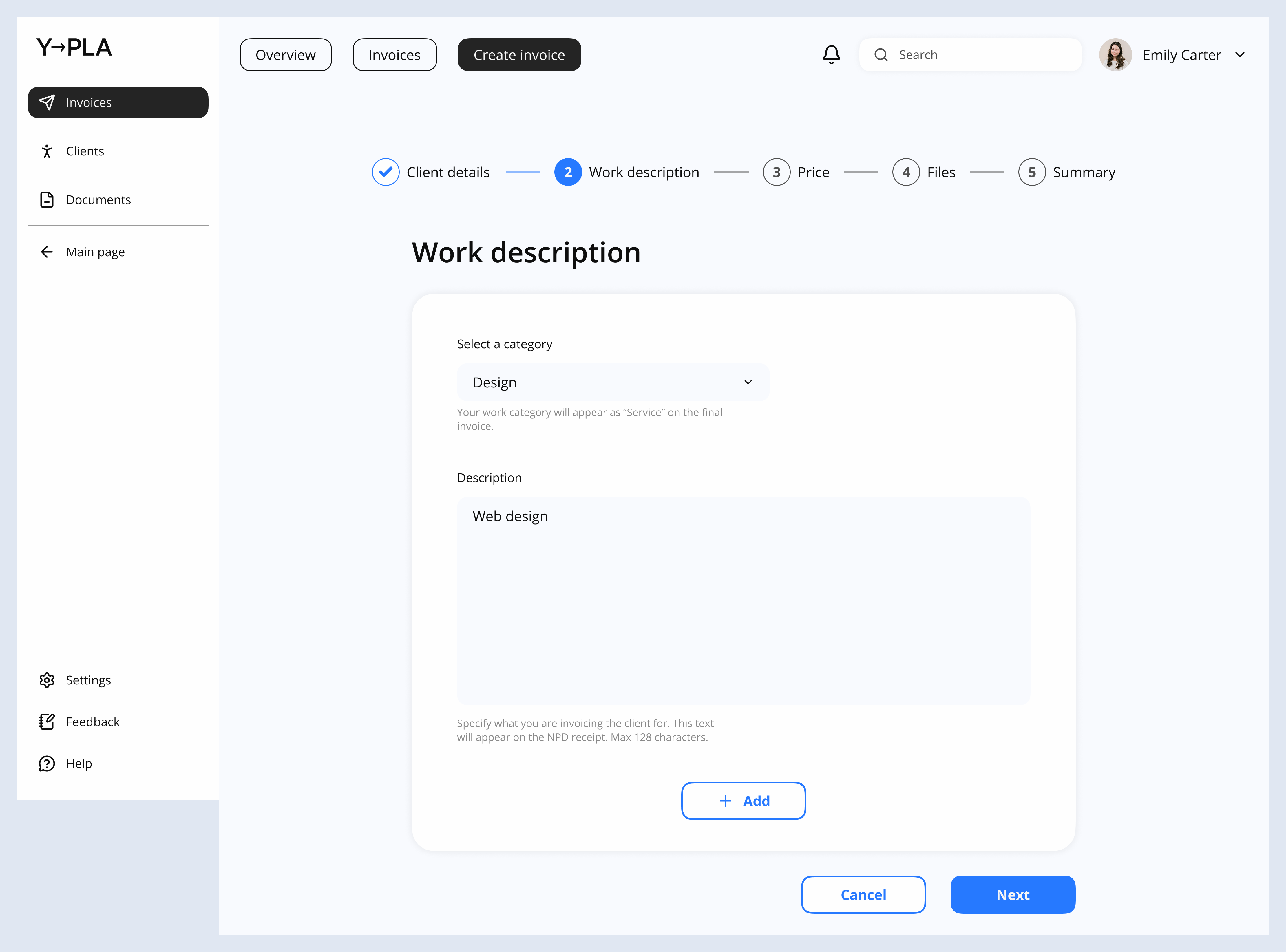 Invoice creation screen 4